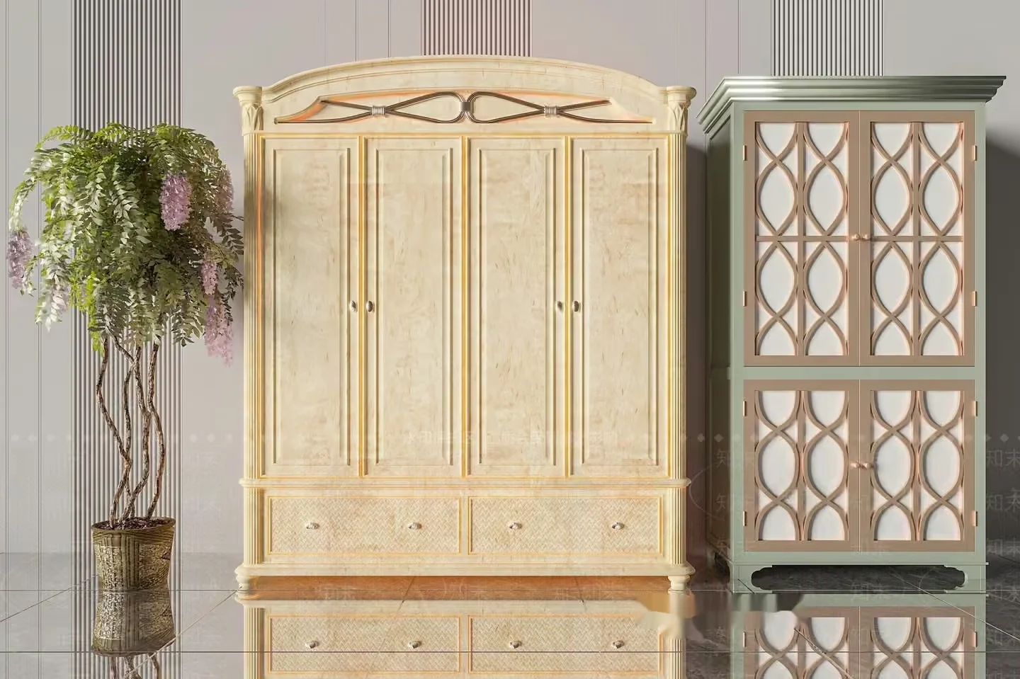Two Tall Cabinets And A Potted Plant 3D Model – 18142 – VRAY Render