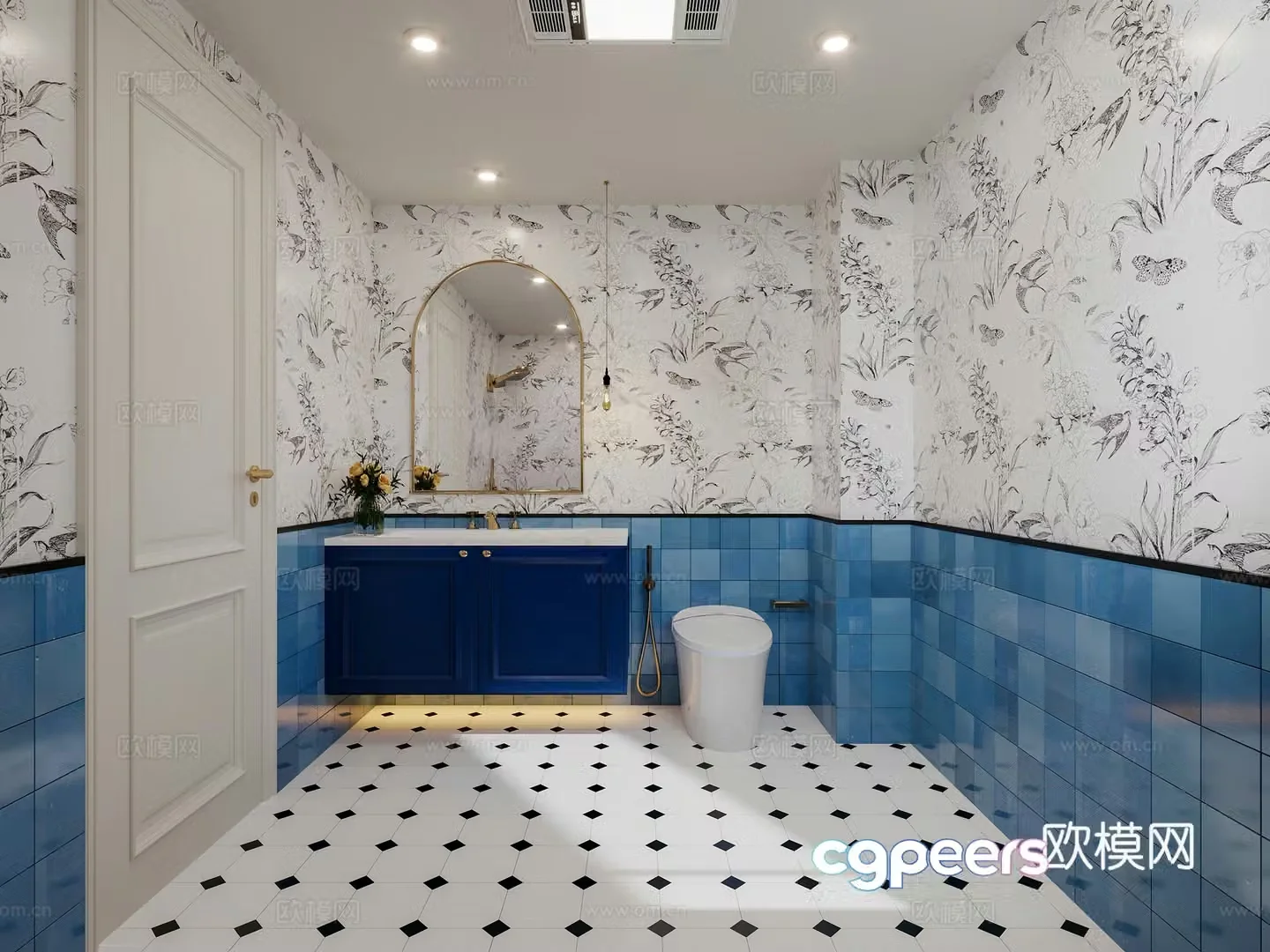 French bathroom French creamy bathroom bathtub side French floral tiles air heater 3D model