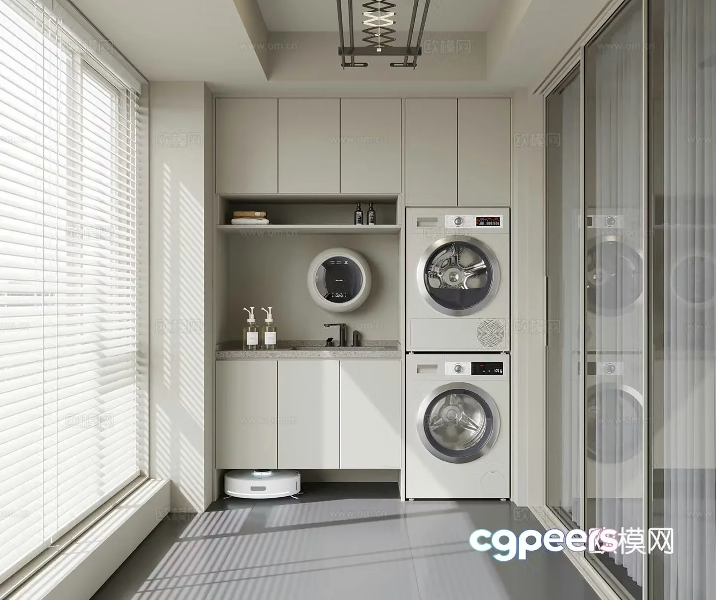 Modern balcony washing machine cabinet clothes drying rack sweeping robot 3D model