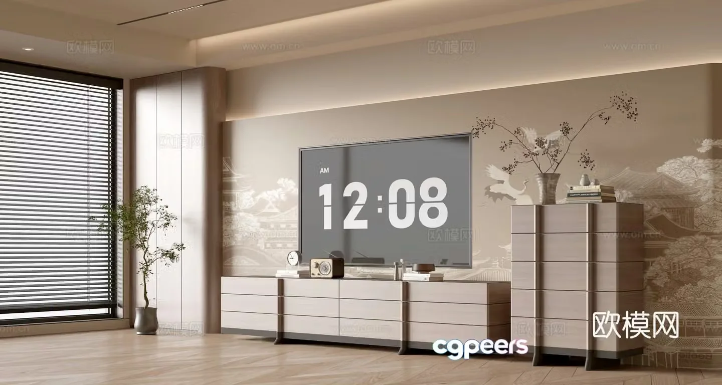 Wasabi Middle Style TV Cabinet TV Background Wall Overall Cabinet TV Background Wall Medal Style 3D Model