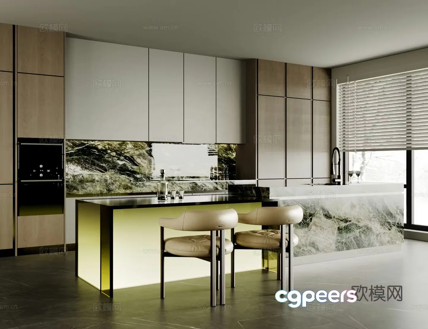 Modern open kitchen dining room island water bar marble dining table single chair cabinet 3d model