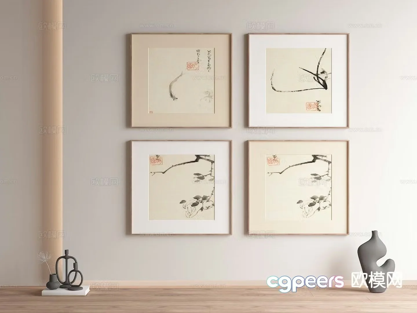 New Chinese style decorative painting calligraphy and painting Zen hanging painting 3D model