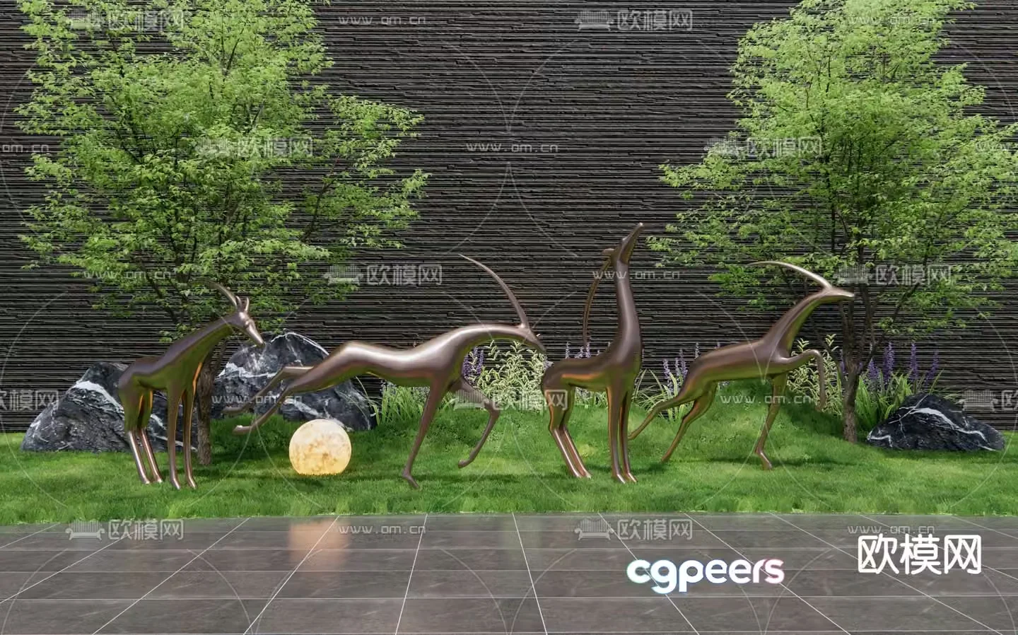 Landscape sculpture deer sculpture landscape tree 3d model