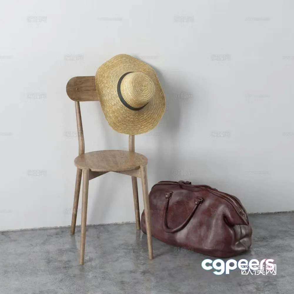 Log wind single chair wooden chair hat cross bag 3d model