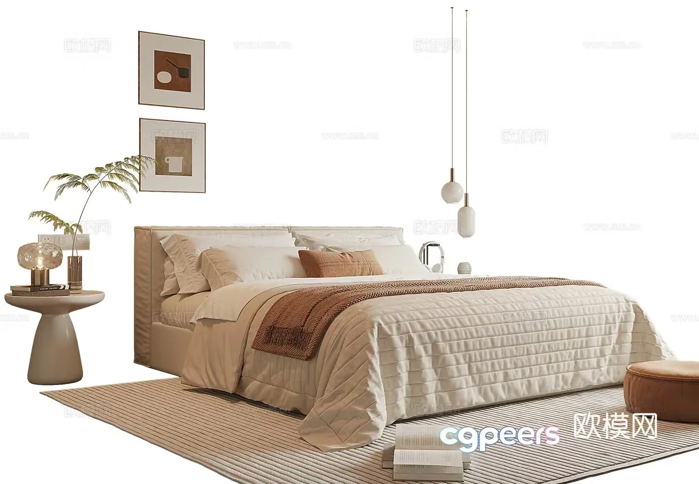 Modern cream style double bed 3d model