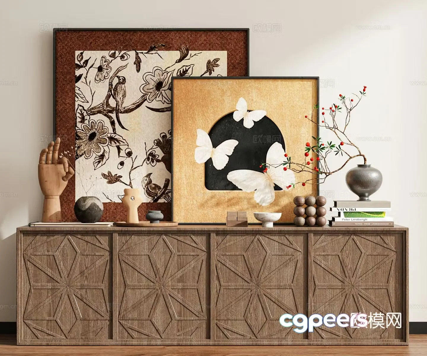 Middle-aged butterfly hanging paintings flower and bird paintings side cabinet 3D model