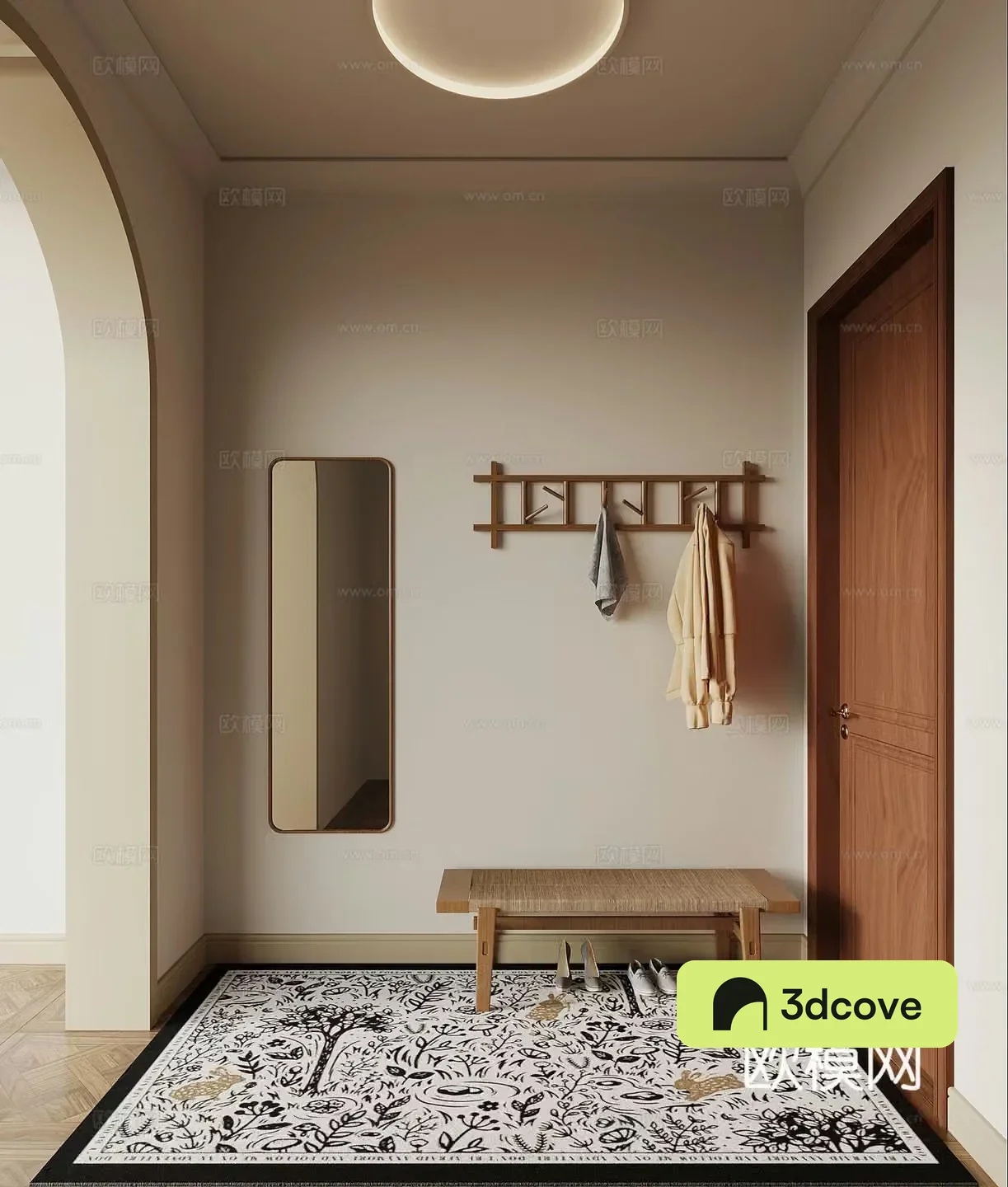 Middle-aged style entrance door shoe changing stool clothes hanging hanger full-body mirror 3D model