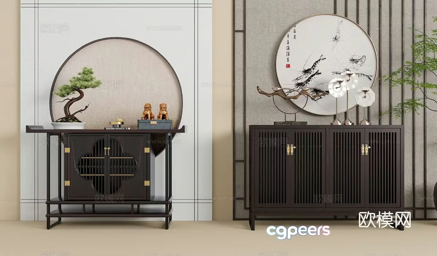 New Chinese style end-view side cabinet porch cabinet hanging painting green plants accessories ornaments 3D model