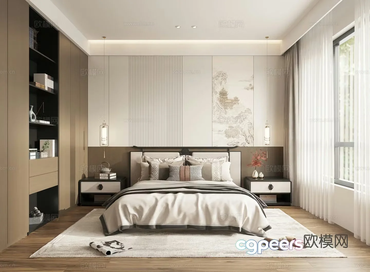 New Chinese style bedroom double bed 3D model