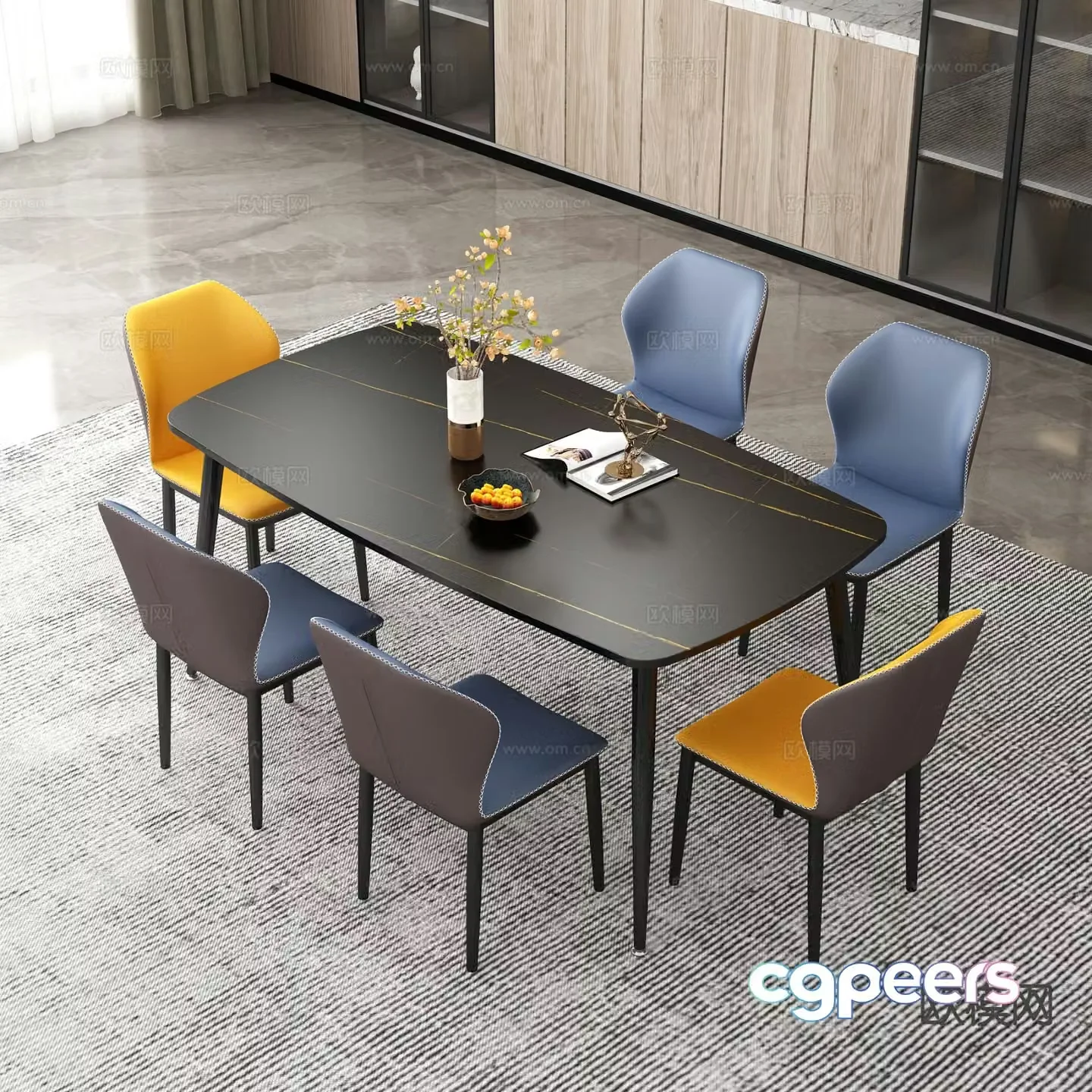Modern long dining table and chairs 3d model