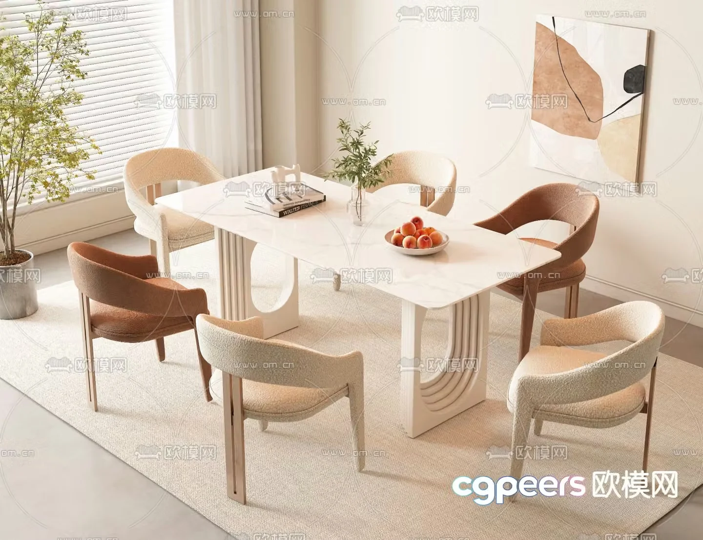 Cream style dining table and chairs strip dining table 3d model