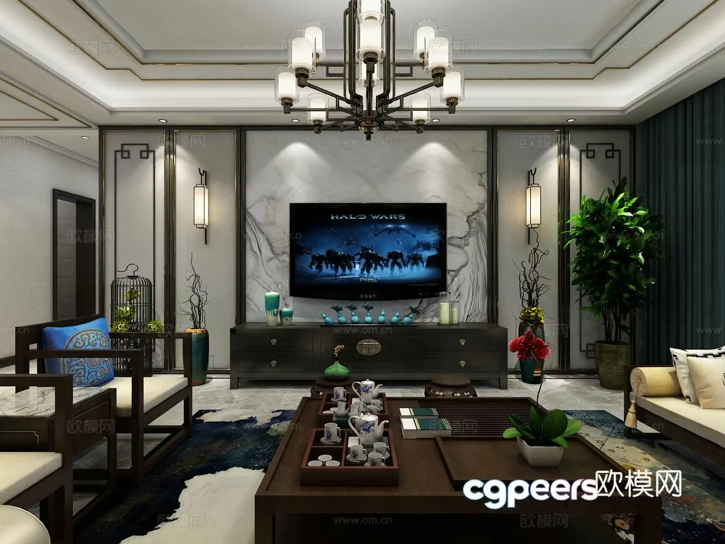 New Chinese style living and dining hall entrance chandeliers desk lamp multi-person sofa single sofa coffee table 3D model