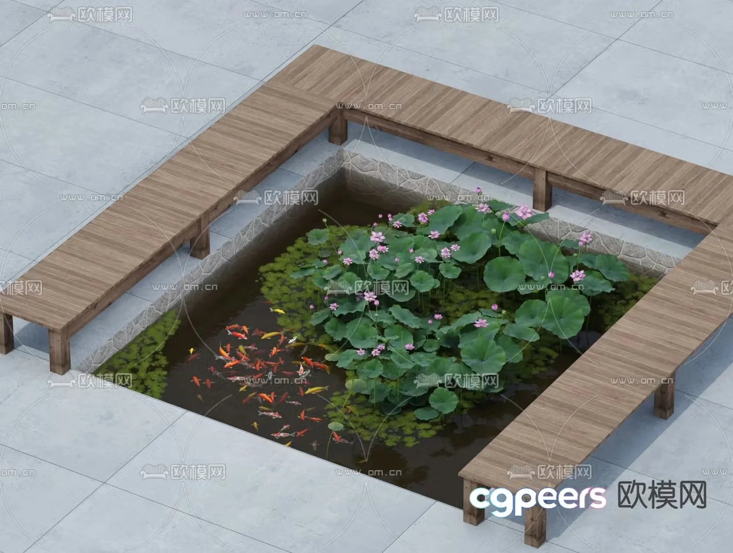 Anticorrosive wood viewing platform koi fish pond lotus pond 3D model