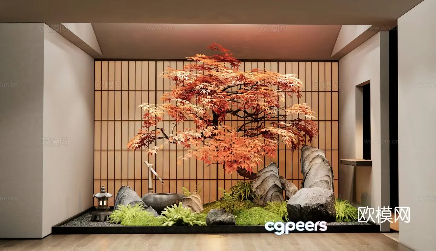 Japanese indoor plant landscaping courtyard red maple plant pile 3d model