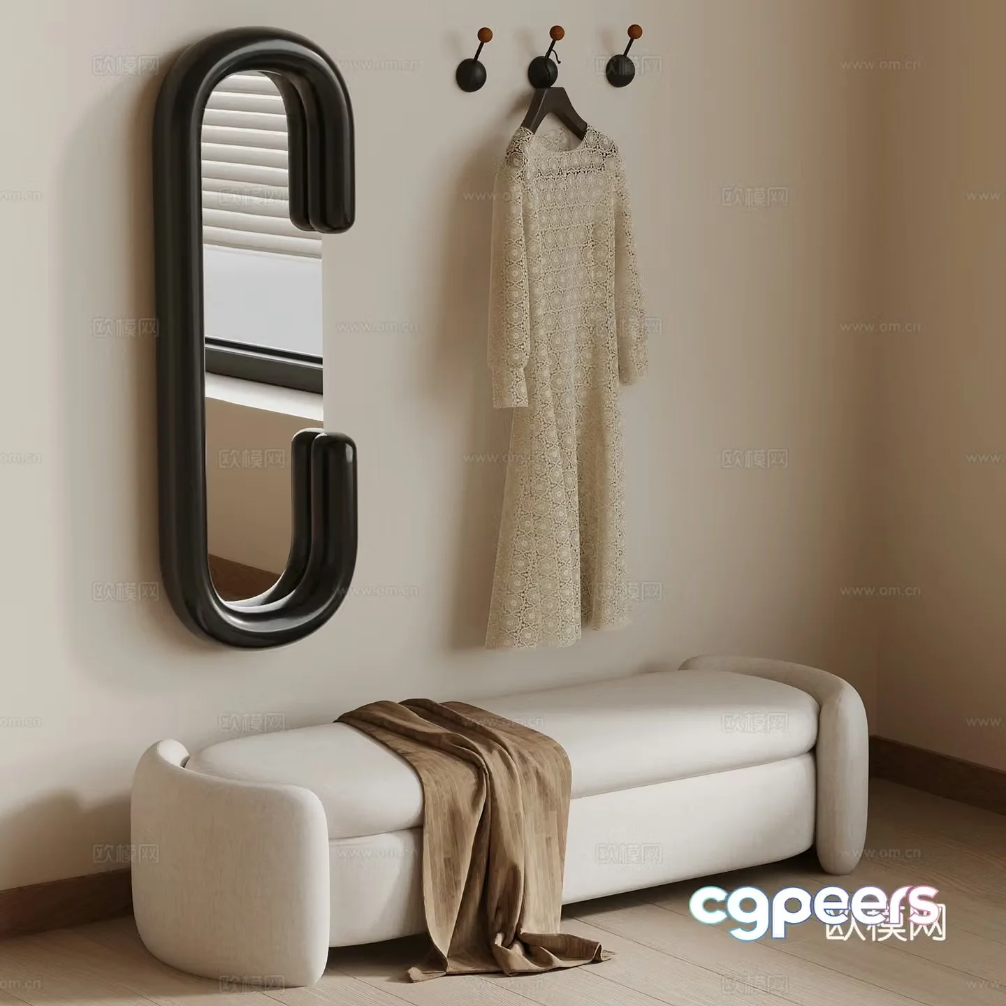 26 French cream style shoe changing stool dressing mirror clothes hook 3D model