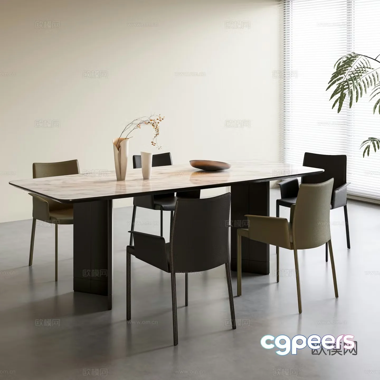 Modern Italian dining table and chairs Dining table and chair combination Modern restaurant Dining table ornaments Long dining table and chair combination 3D model