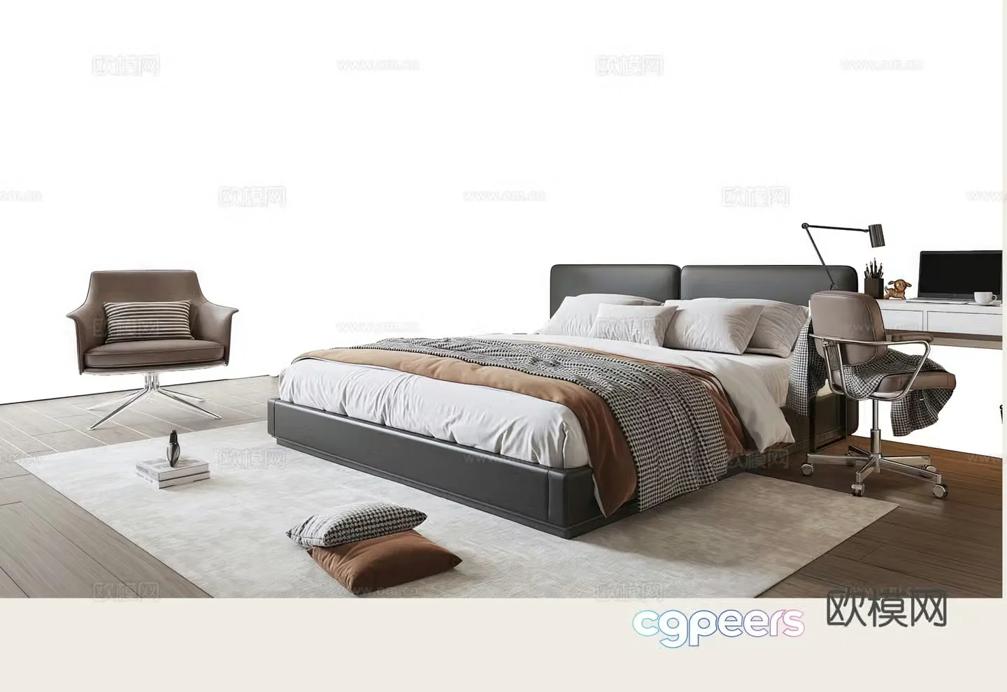 Modern Italian double bed lazy leather sofa computer desk 3D model