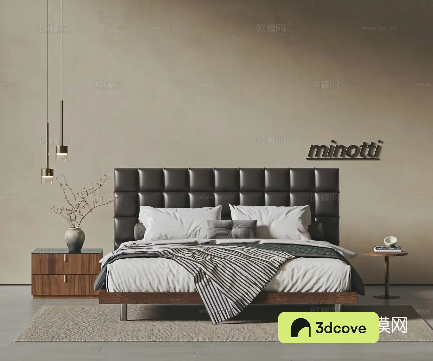 Middle style double bed Chocolate bed Leather double bed Bedside table Bedside chandelier Bedding 3D model