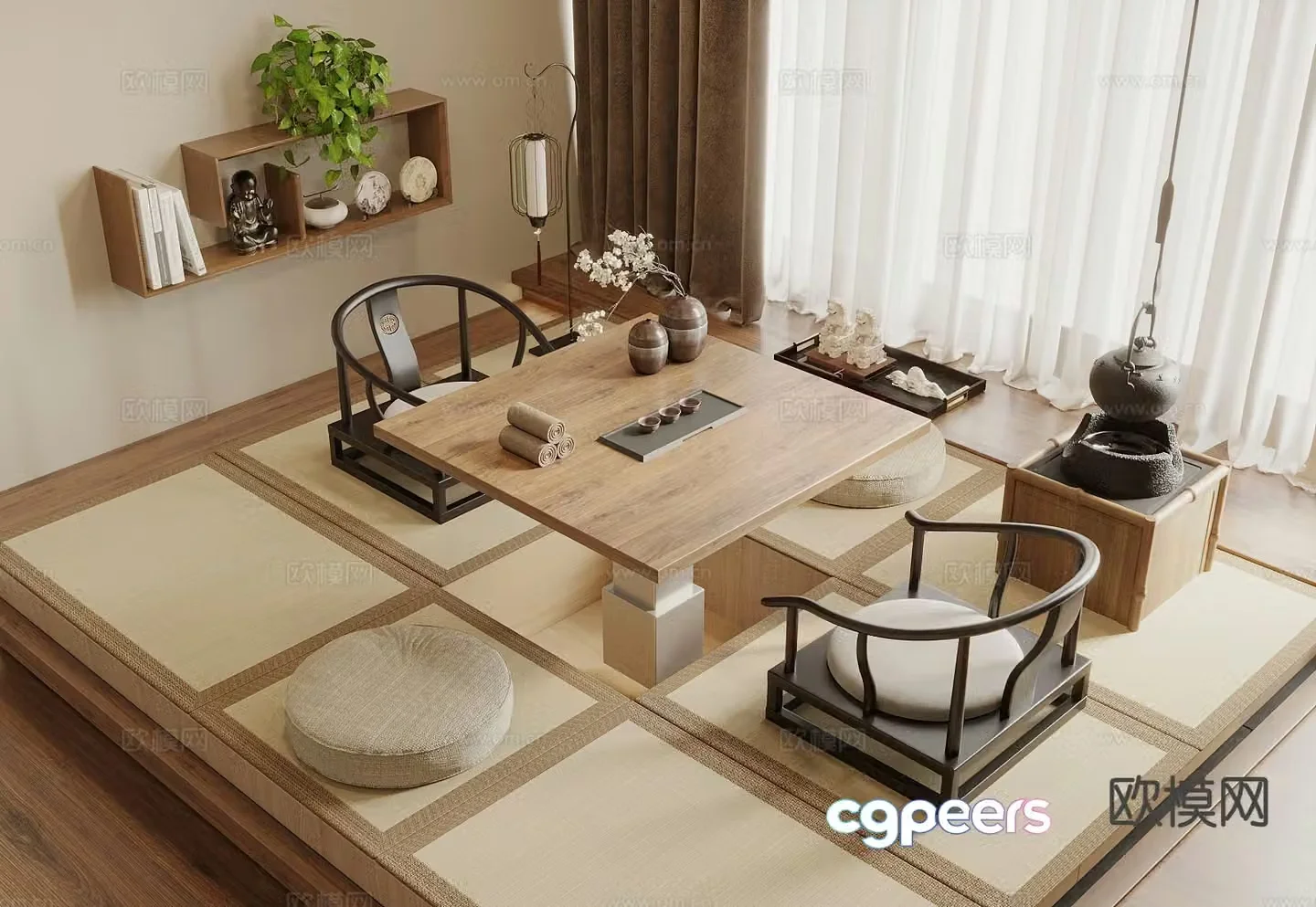 New Chinese Tatami Tea Room Lifting Tatami 3D Model