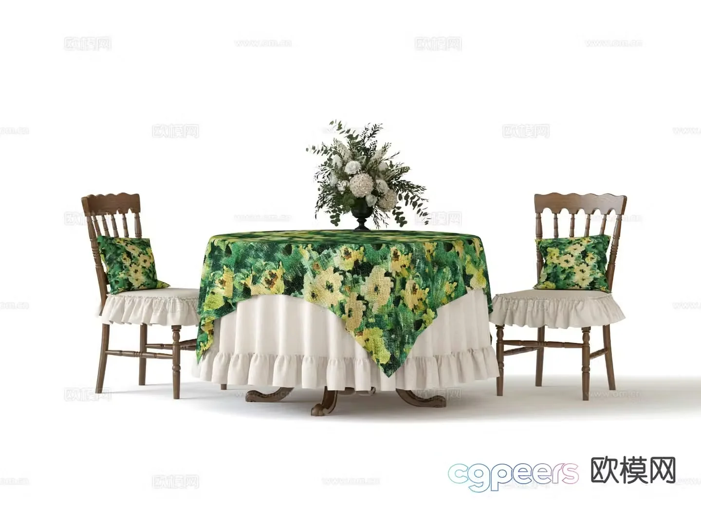 American round dining table and chairs tablecloth 3d model
