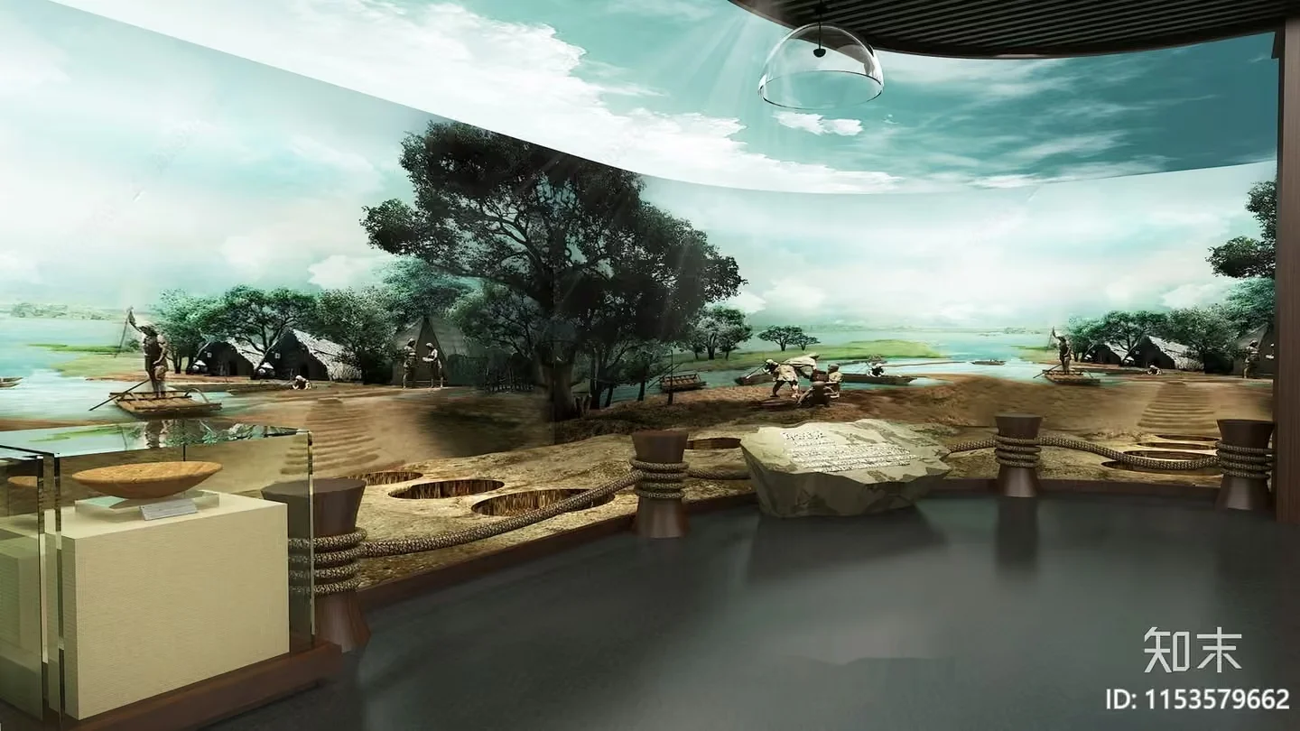 A Museum Exhibit Featuring A Large Mural Of A River Scene 3D Model – 656 – VRAY Render