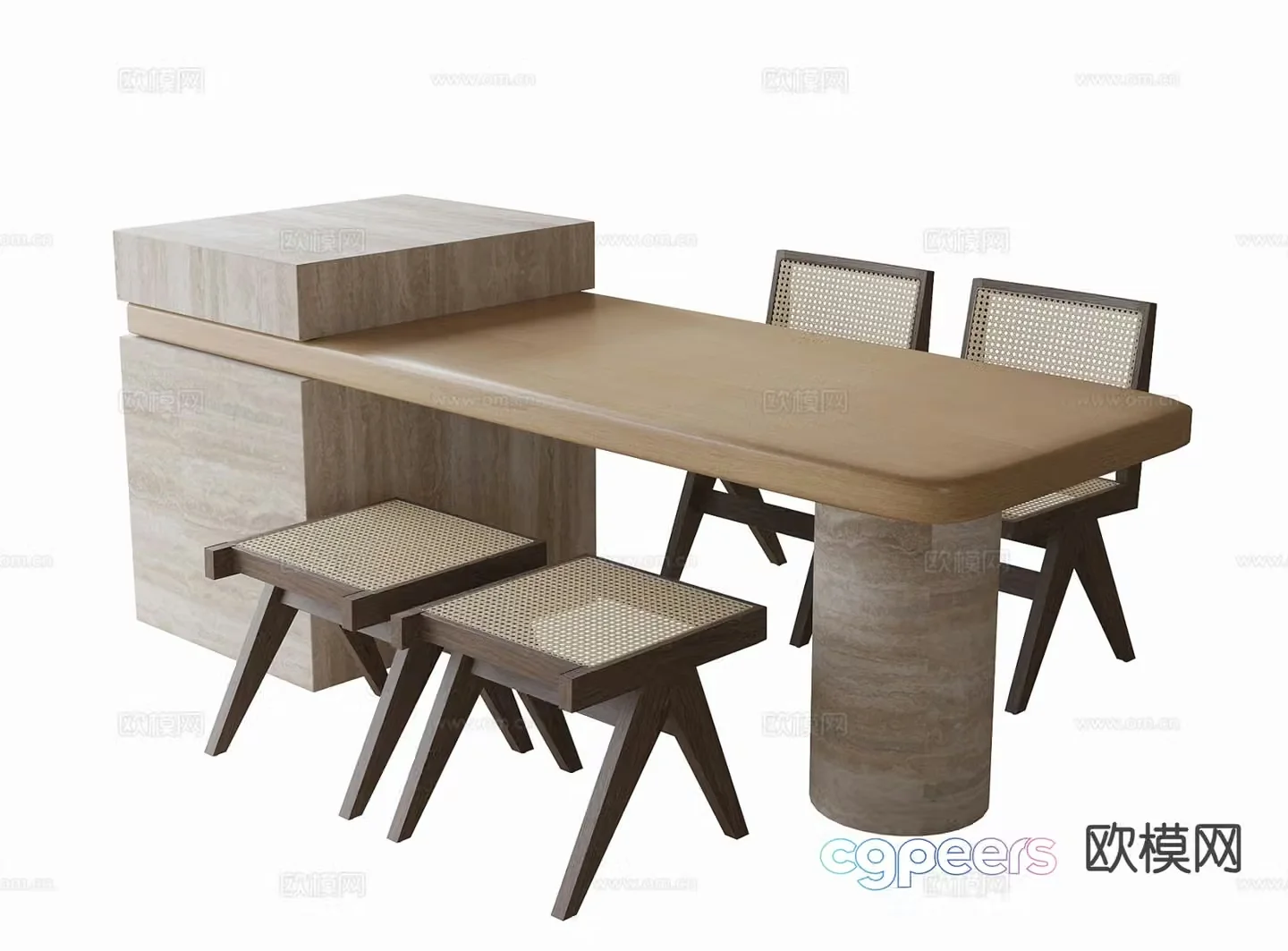 Wabi-sabi island dining table and chairs 3d model