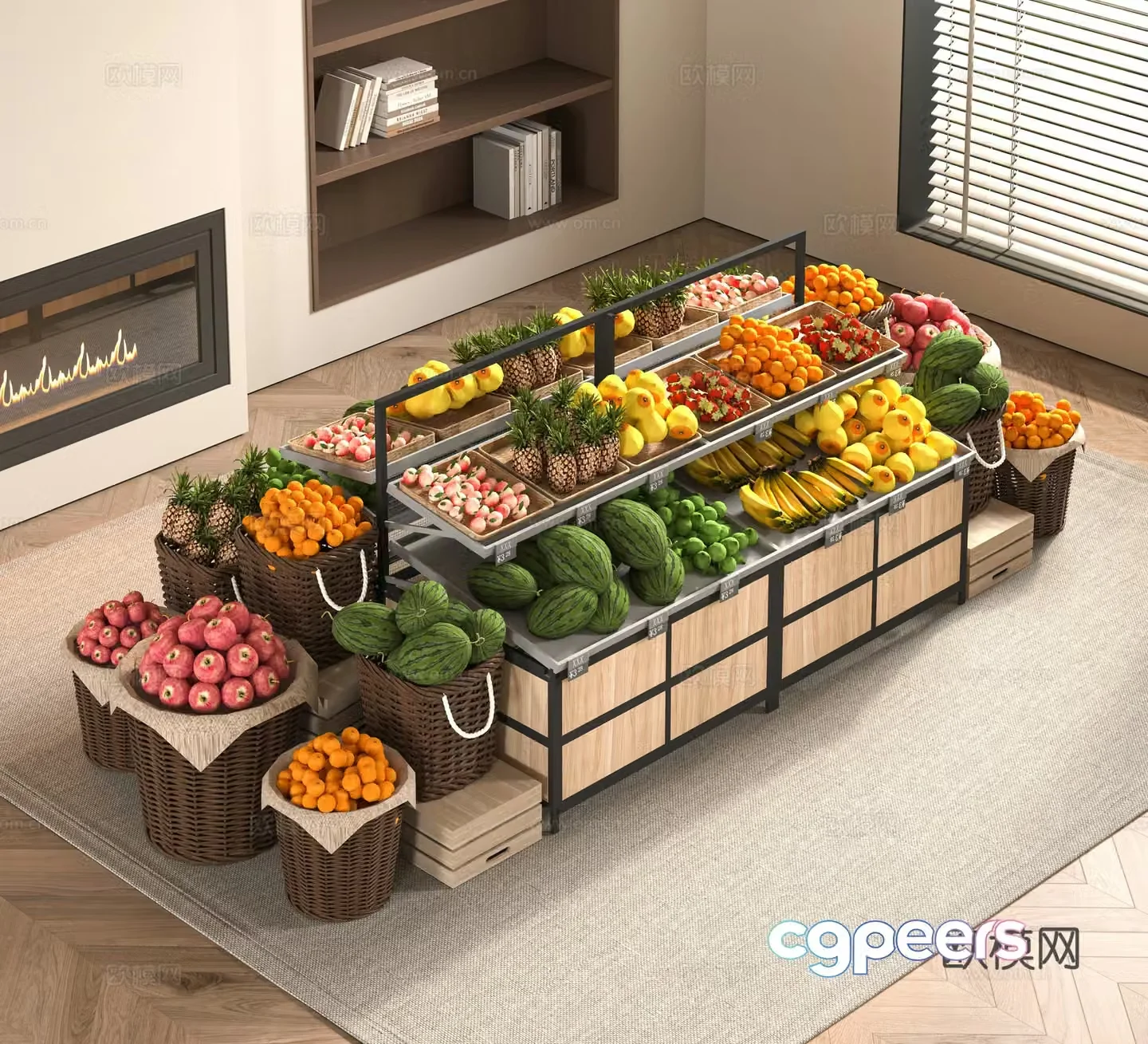 Modern supermarket fruit shelves 3d model