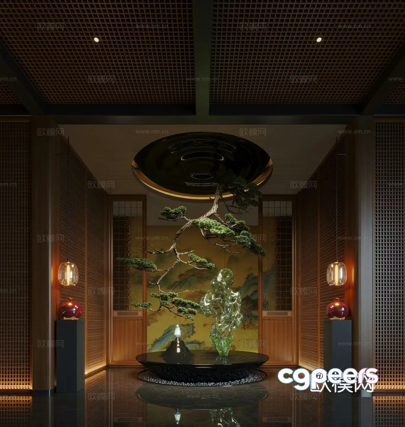 New Chinese Hotel Hall Installation Art Hanging Tree Crystal Stone 3D Model