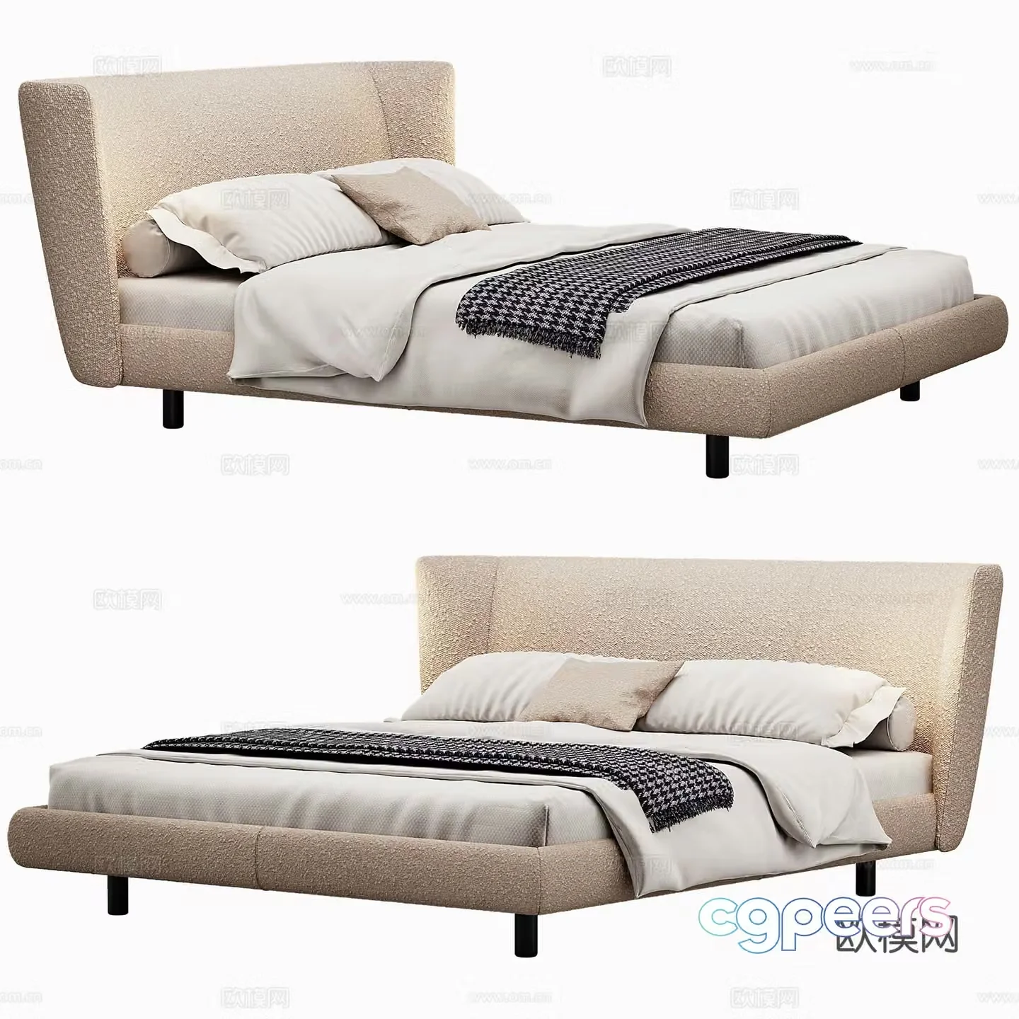 Modern Double Bed Fabric Double Bed Bedroom Bed Frame Bedding Bedding Pillow Holding 3D Model