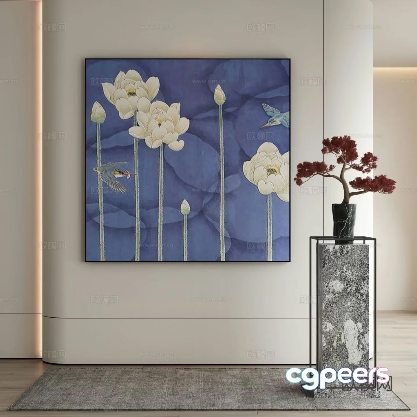 New Chinese style decorative painting white lotus hanging painting 3d model