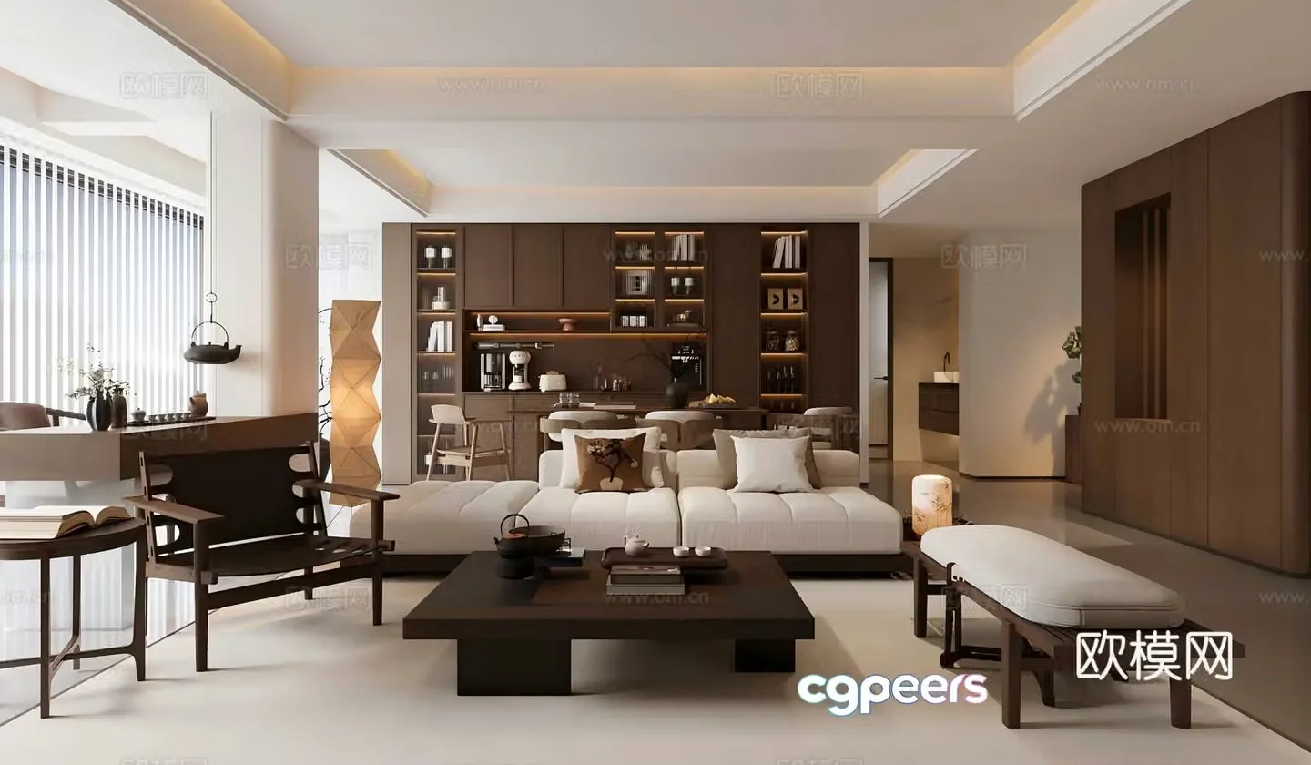 New Chinese Zen Home Living Room Chinese Living Room Song-style Aesthetic Living Room No-Lounge Living Room Single Chair 3D Model