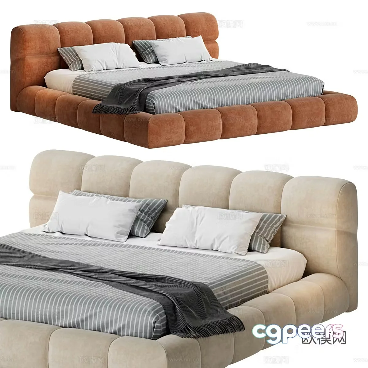 Modern cream style fabric double bed 3d model