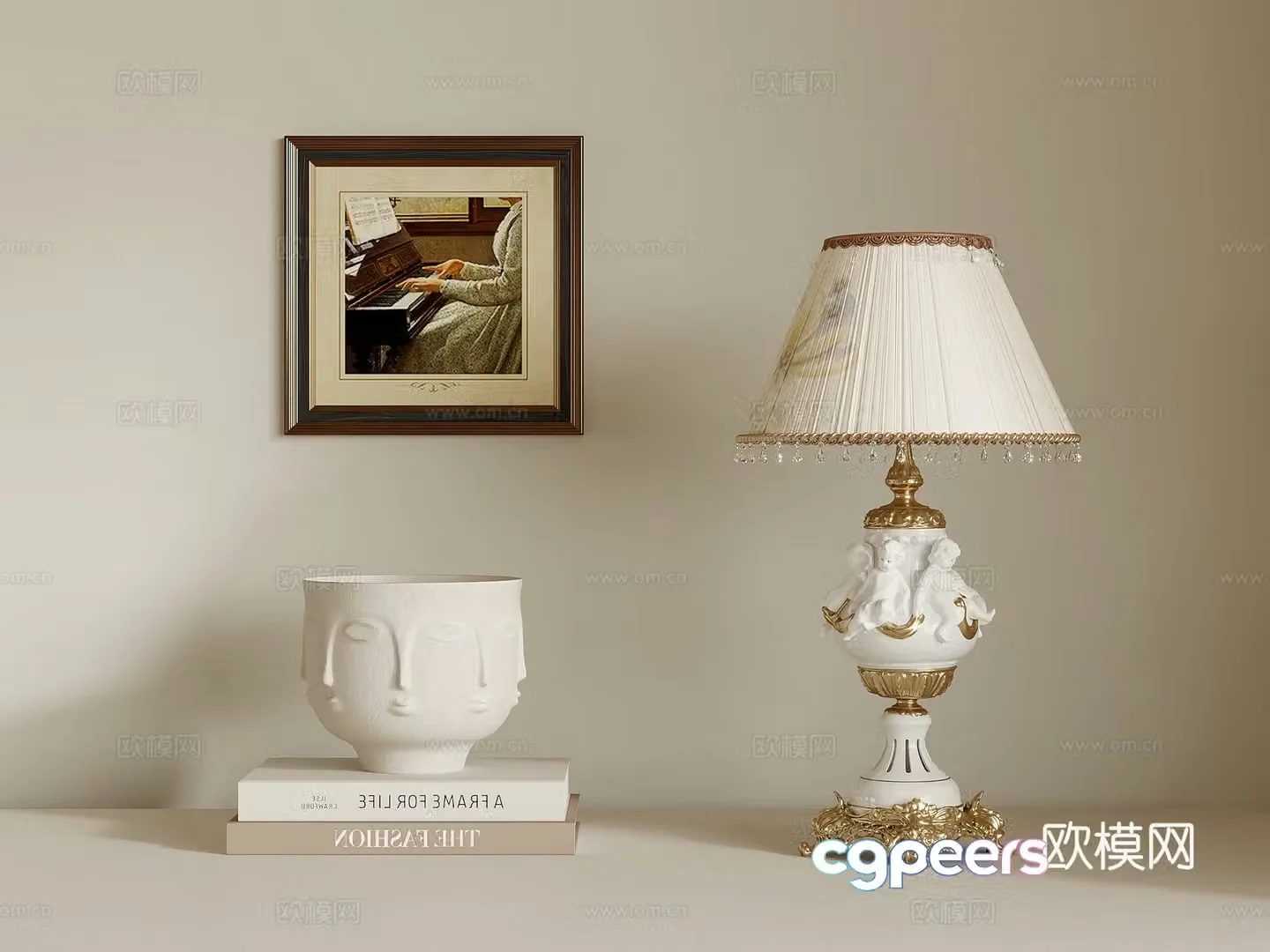 Table lamp French retro style table lamp Book ornaments Hanging painting 3D model