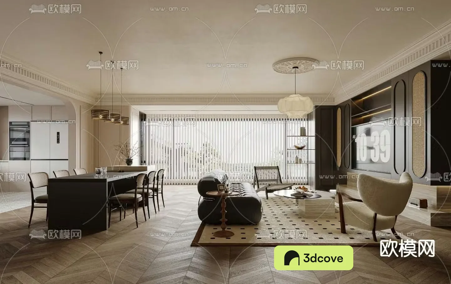 Middle style living room dining room 3d model