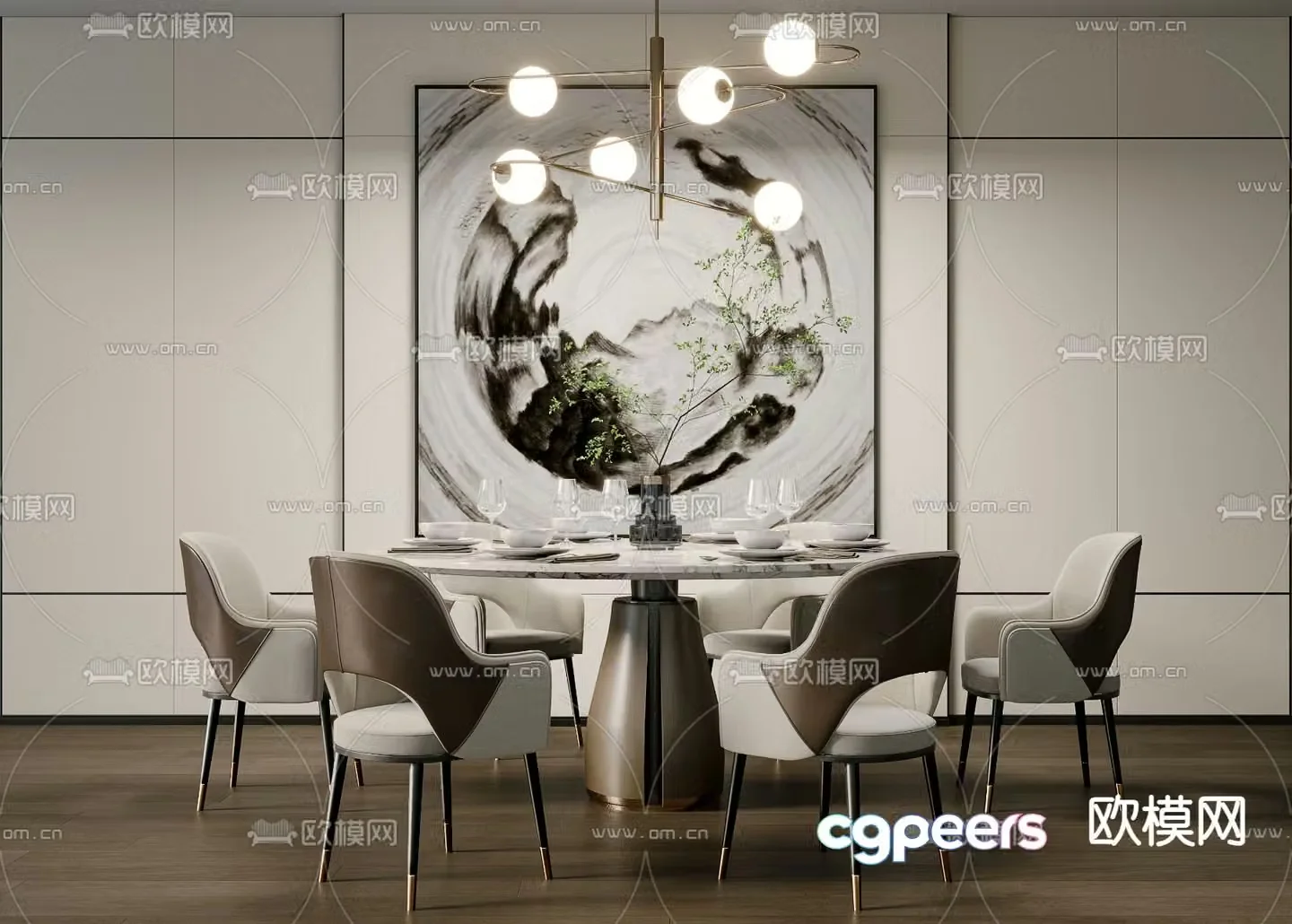 Round dining table and chairs 3d model