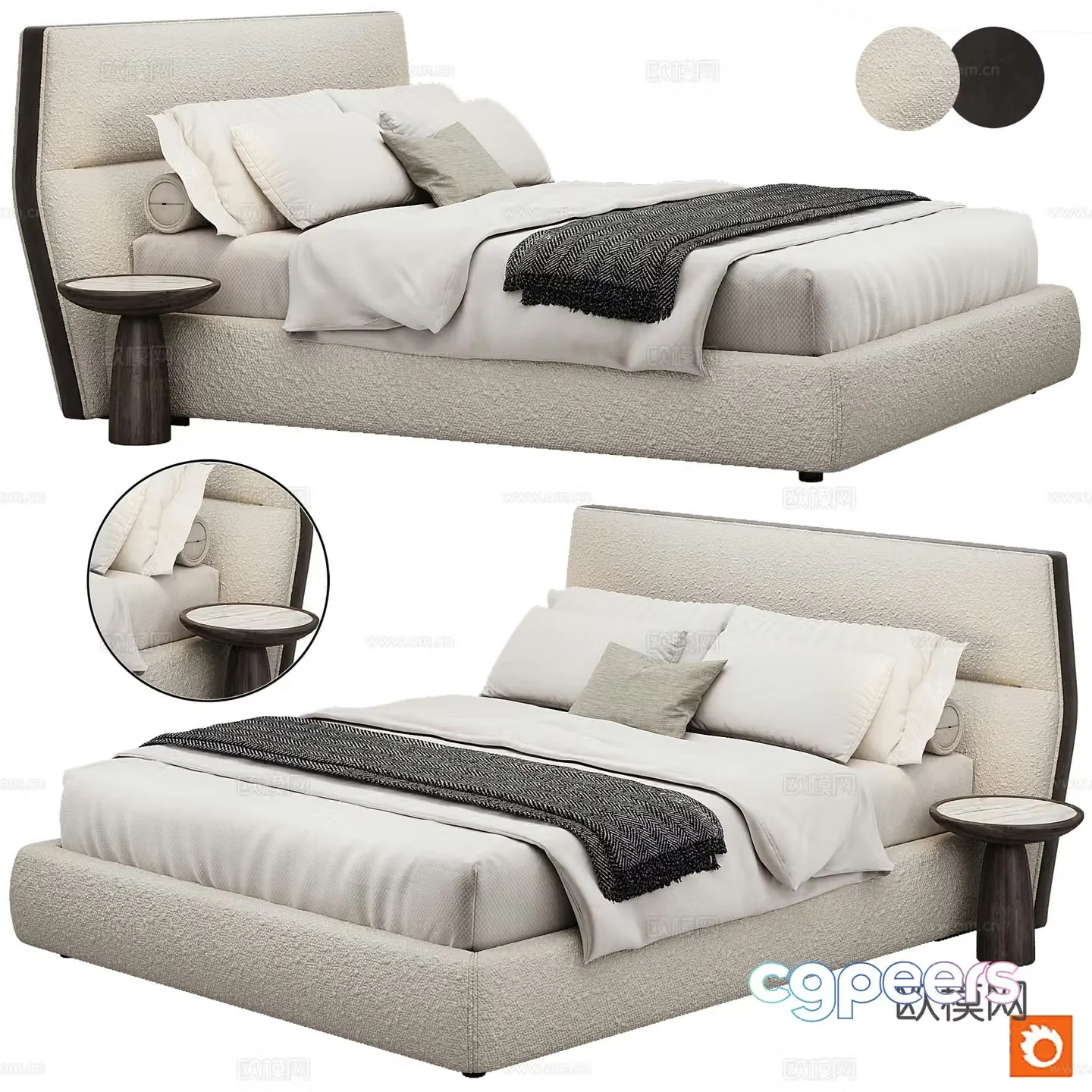 Bedroom modern double bed pillow bedding 3d model