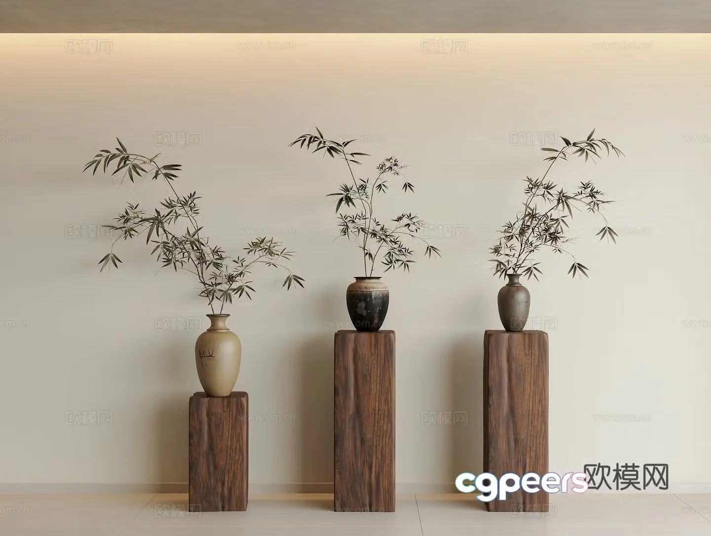 Wasabi dry branches and flower art medieval potted dry branches green plant decorations dead trees pottery jar vase Wasabi wind 3D model