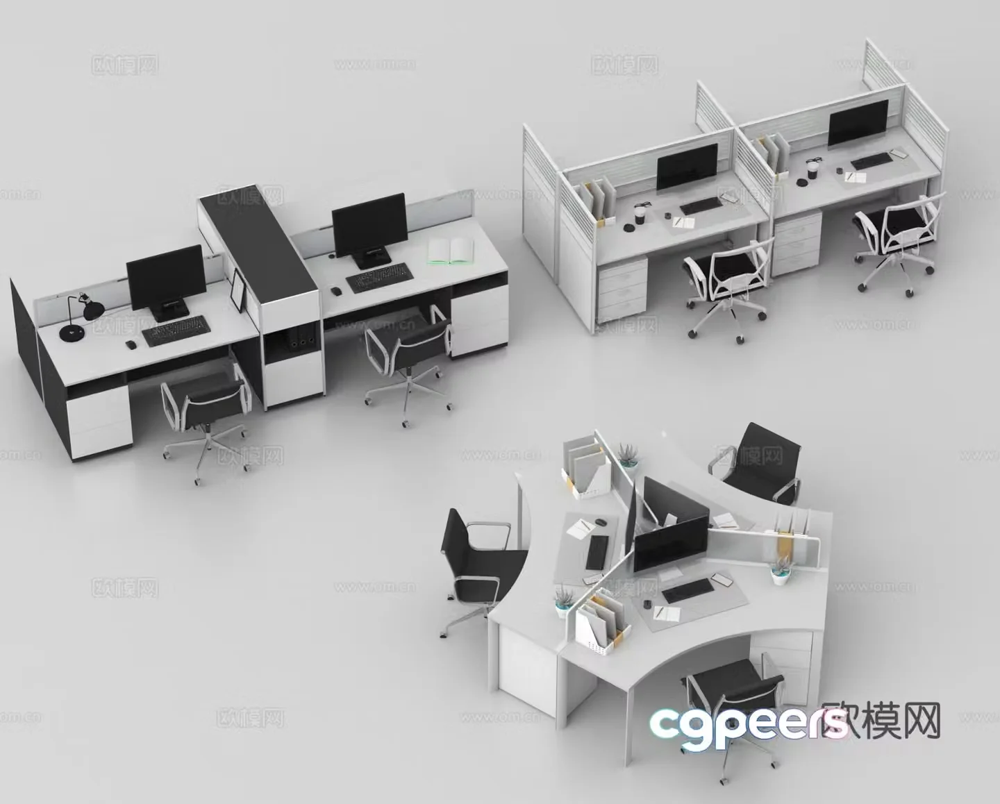 Office desk chairs workstations staff positions posts table tables 3D model