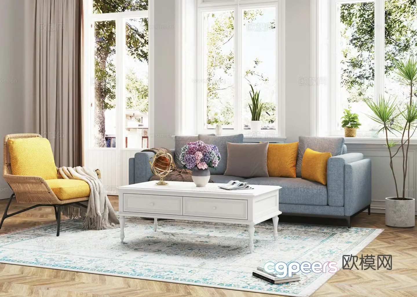 Nordic living room simple European sofa combination white coffee table living room 3d model