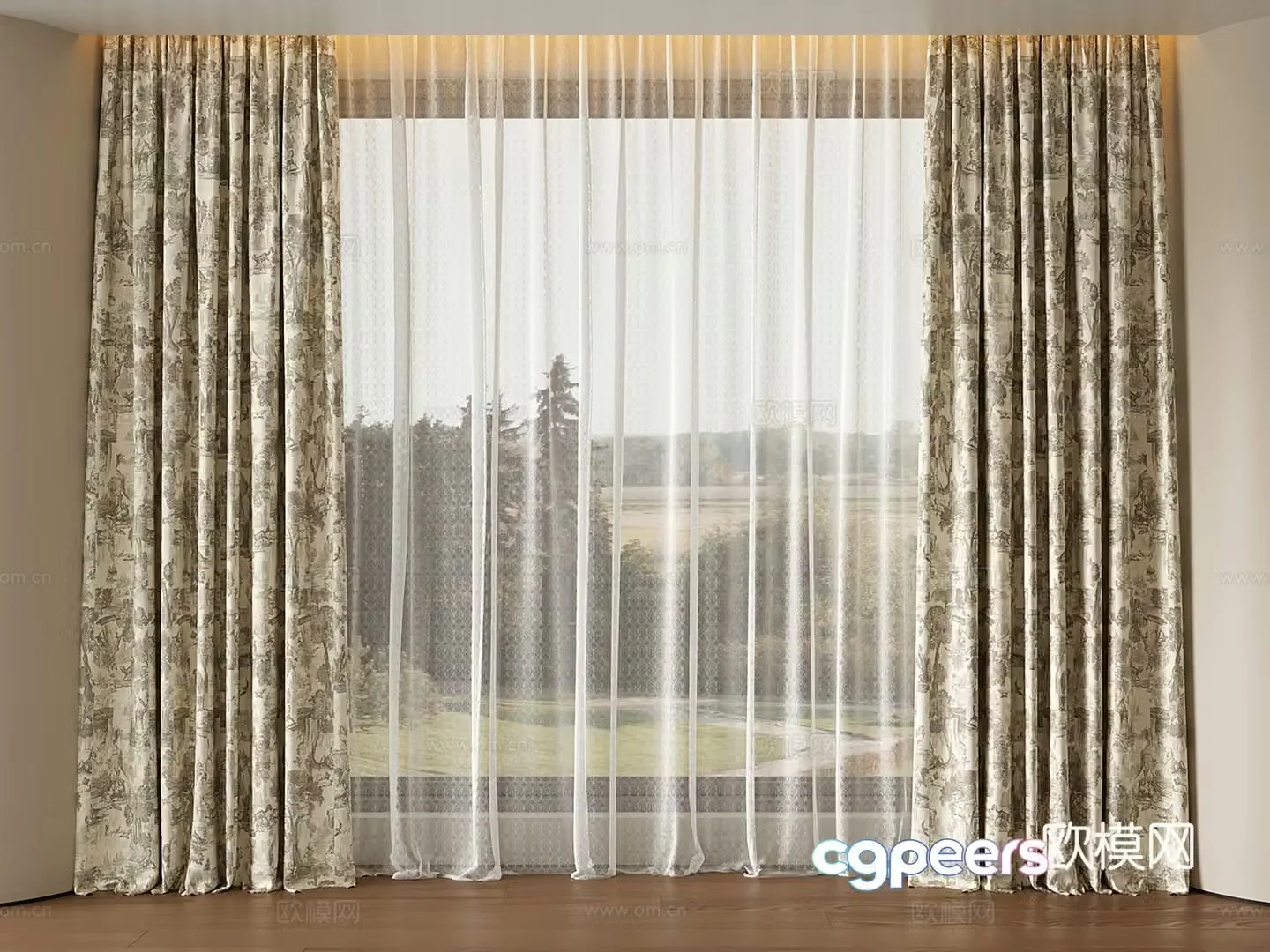 French retro curtains fabric curtains pattern small florals gauze curtains 3d model