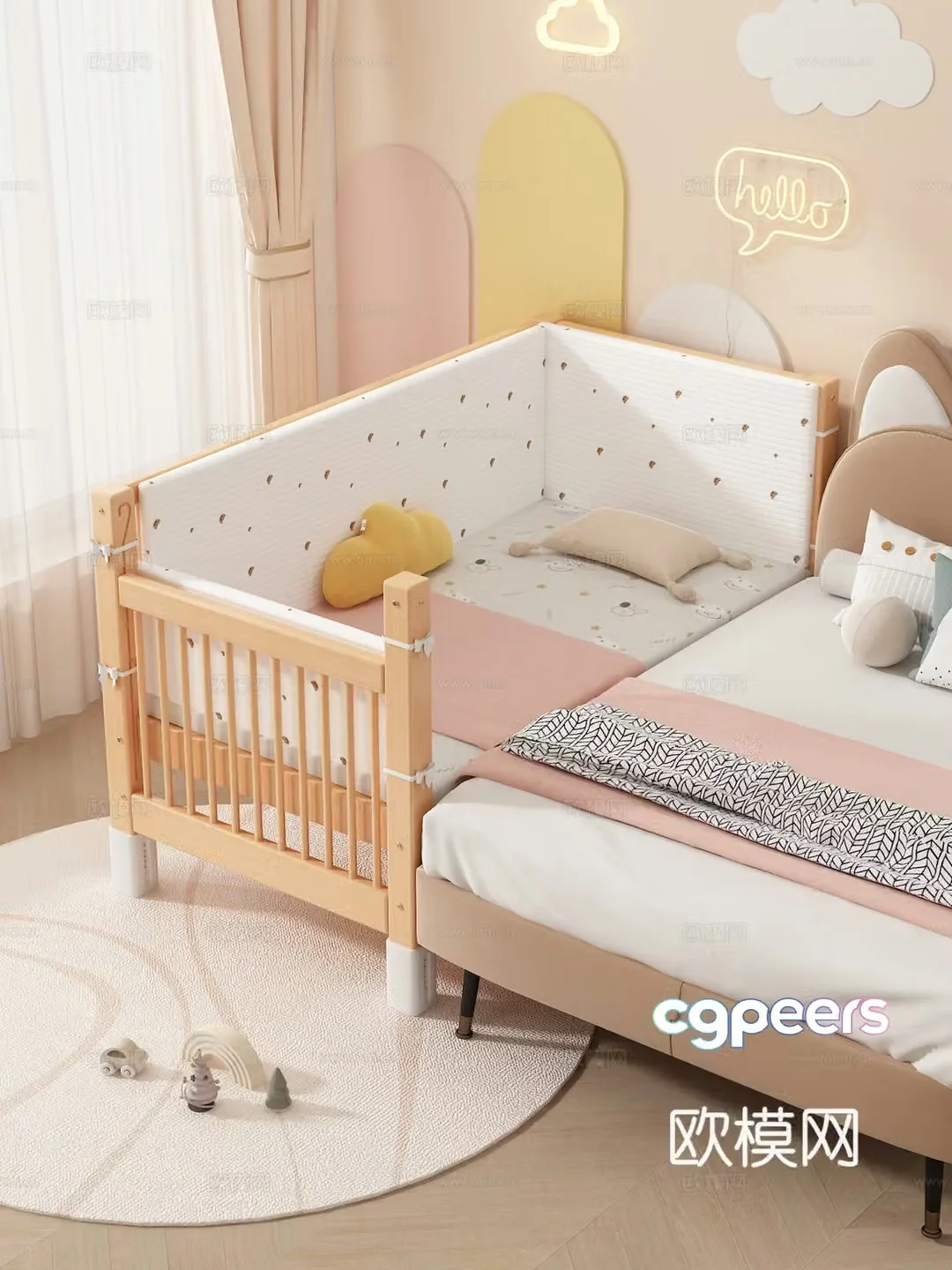 Splicing bed Children’s bed Crib Lifting guardrail bed Pillow 3D model
