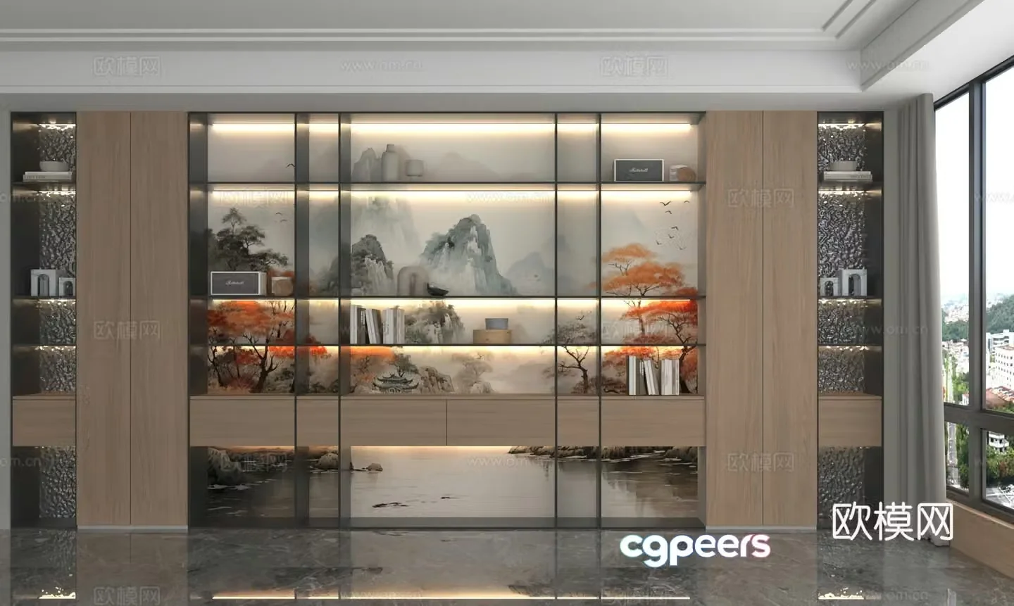 New Chinese style bookcase whole wall background cabinet 3D model