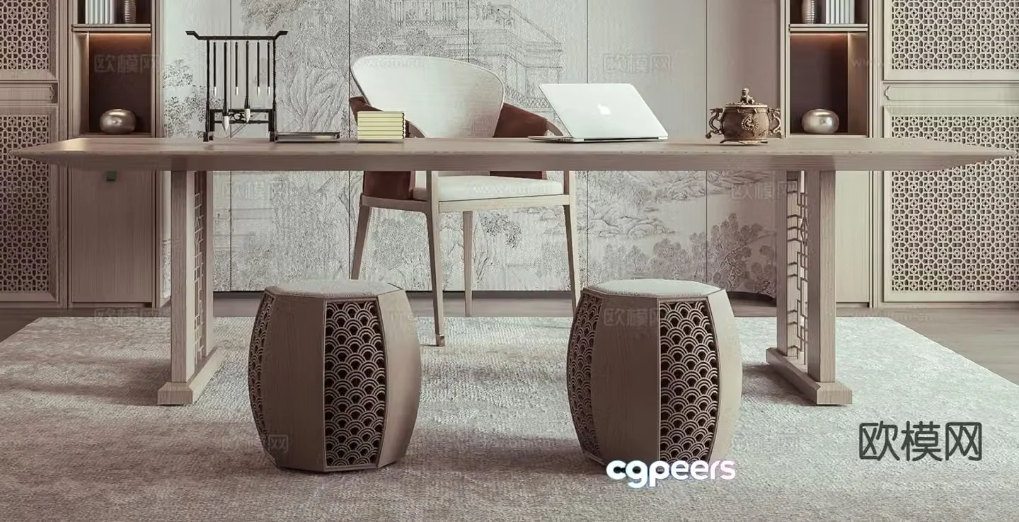 New Chinese style desk and chair 3d model