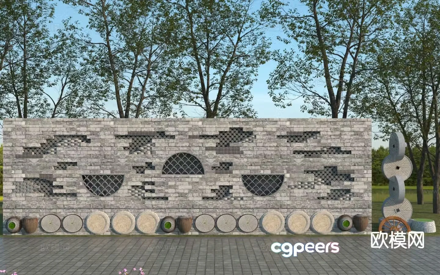 Chinese style landscape wall cultural landscape wall rural landscape wall 3D model