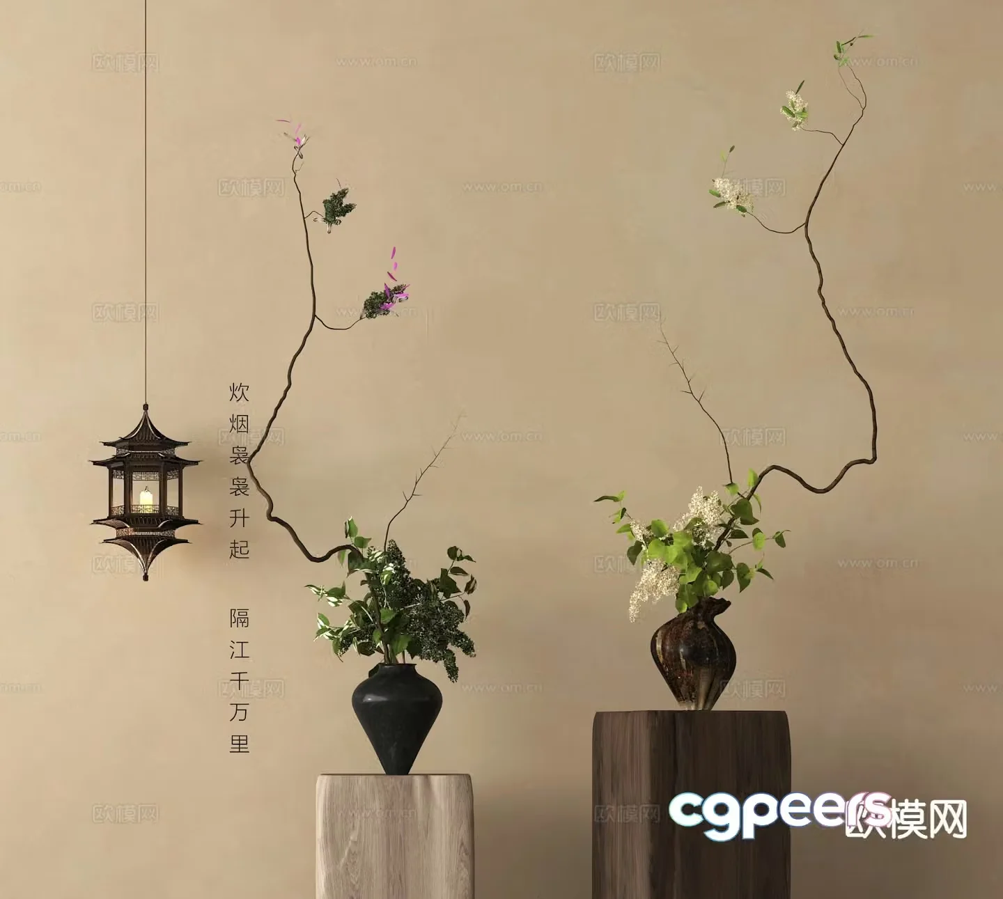 wabi-sabi clay pot vase floral arrangement flower arrangement 3d model