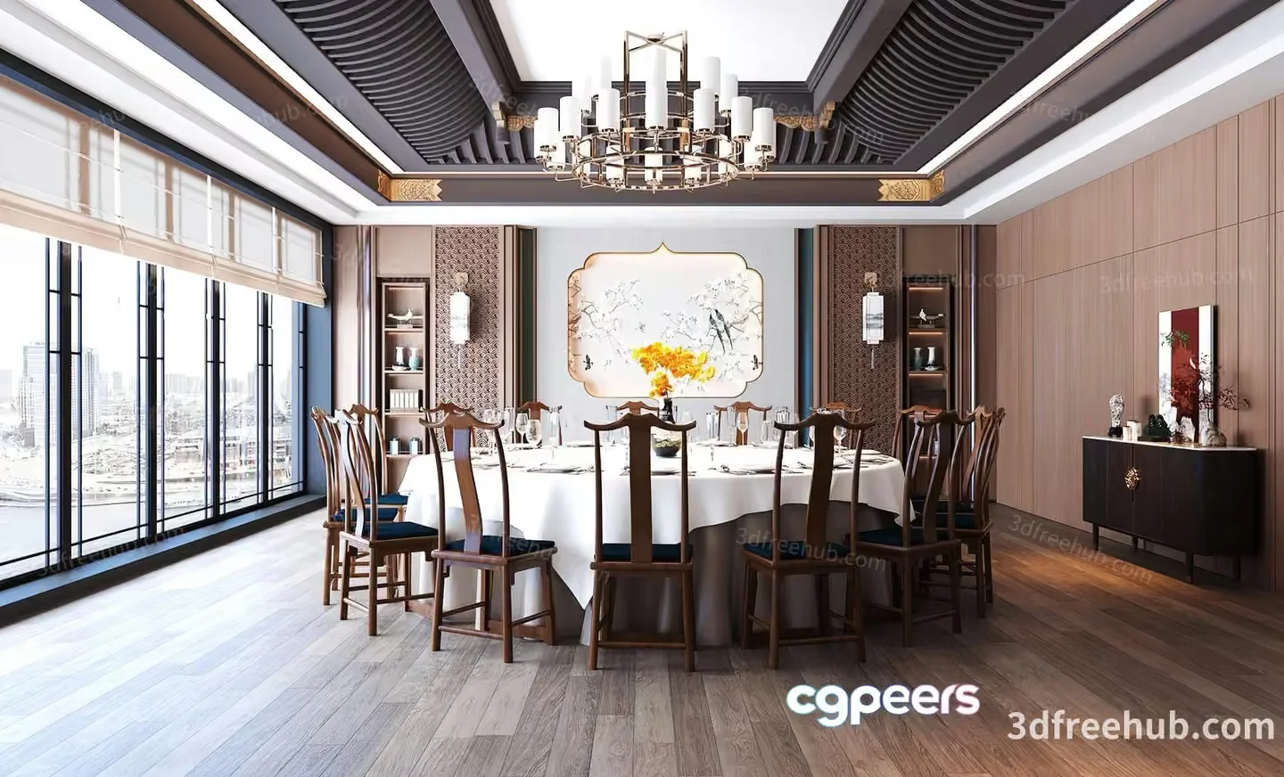 A Large Dining Room With A Table And Chairs 3D Model – 22998 – VRAY Render