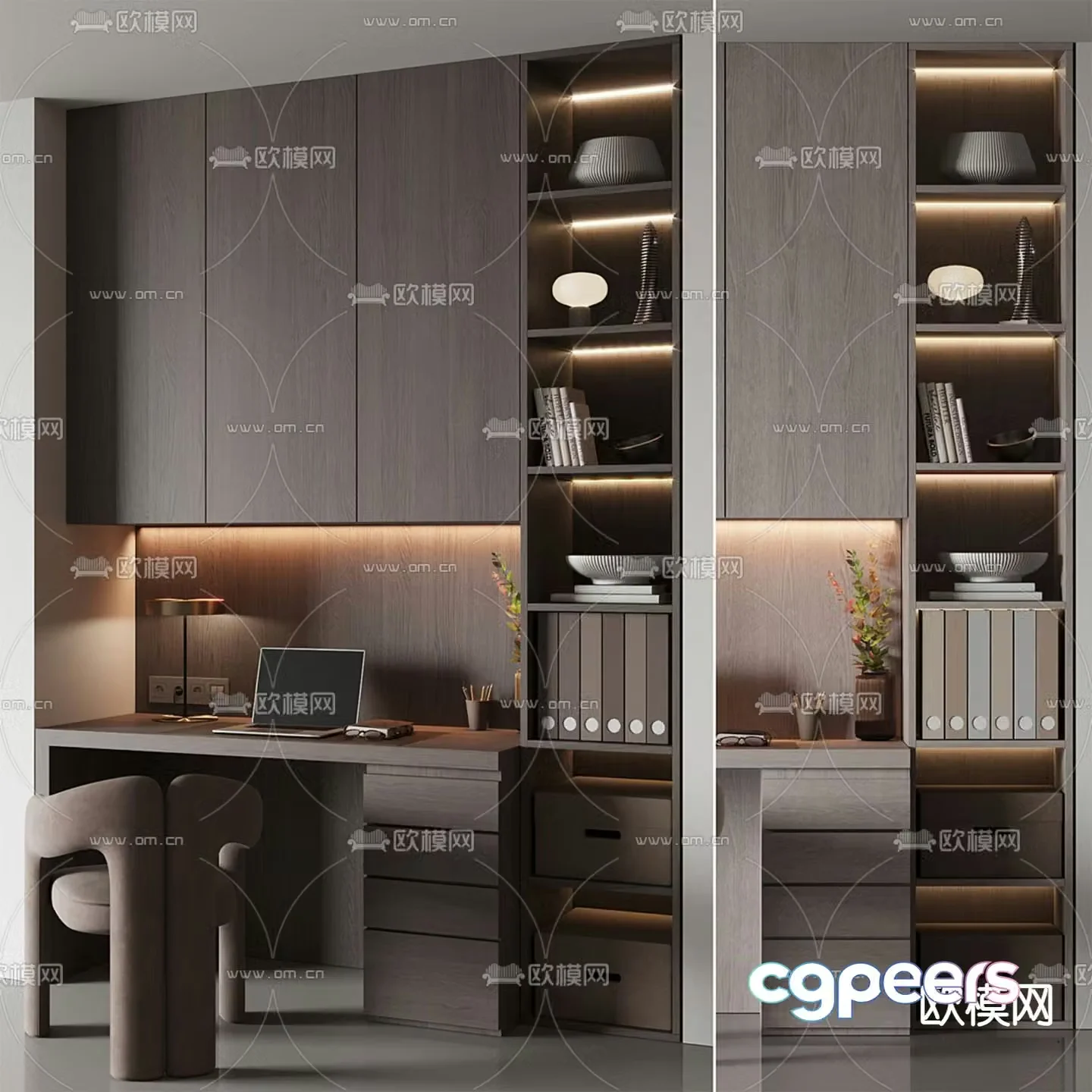 Integrated bookcase desk and chair 3d model