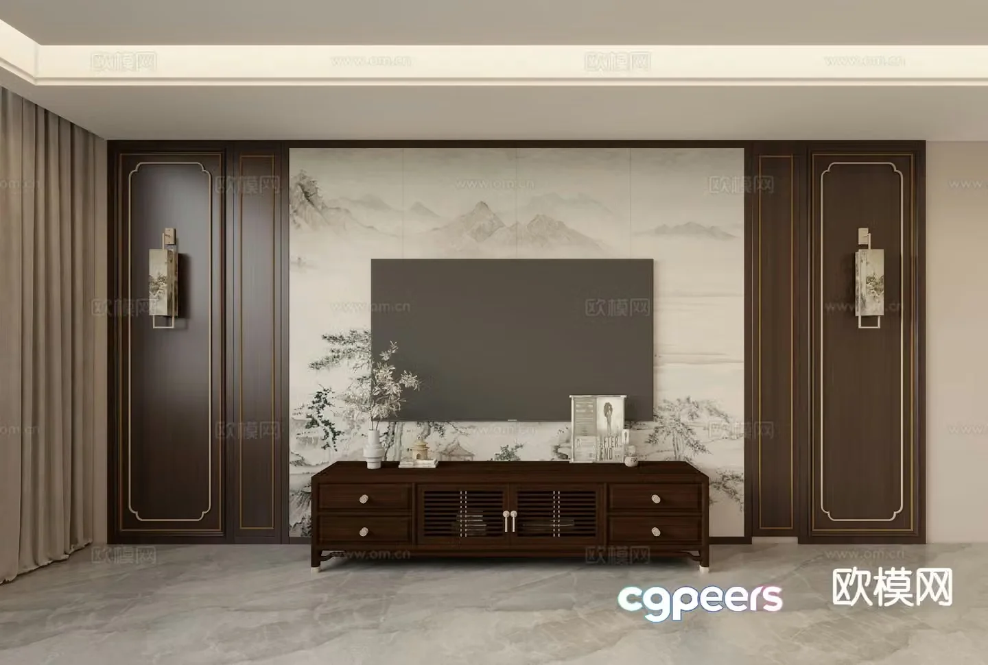 New Chinese style TV wall TV background 3d model
