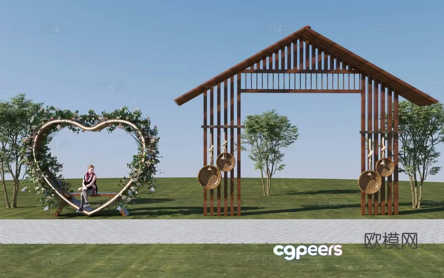 New Chinese style entrance door Heart-shaped landscape seat 3D model