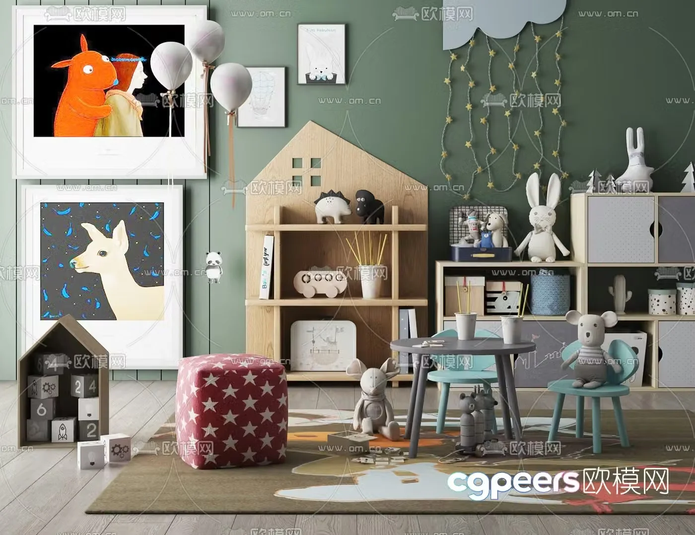 Nordic children’s bookcase table and chair 3d model